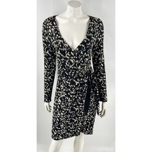 Modal International Faux Wrap Dress Size M Black Beige Printed V Neck Womens